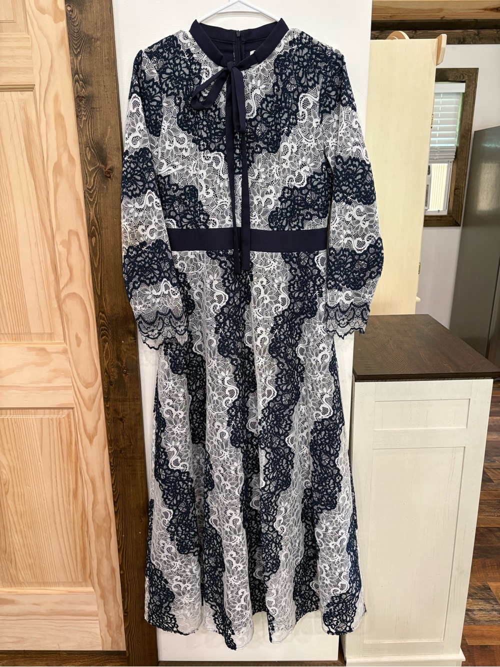 Dainty Jewells Navy and White Lace Maxi Dress with Tie Neck